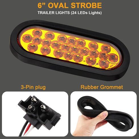 6PCS 6 inch Oval led Amber Strobe 24 LED Trailer Tail Lights Amber Strobe Stop Turn Tail Truck Light Brake Lights with Rubber Grommet 3-Prong Wire Pigtails in Kuwait