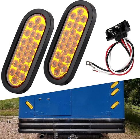 6PCS 6 inch Oval led Amber Strobe 24 LED Trailer Tail Lights Amber Strobe Stop Turn Tail Truck Light Brake Lights with Rubber Grommet 3-Prong Wire Pigtails in Kuwait