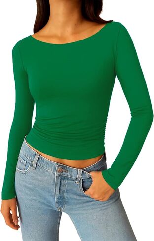 ForeFair Long Sleeve Going Out Top - Women Shirt Boat Neck Double Lined Crop Tight Ruched T Shirts in Saudi Arabia