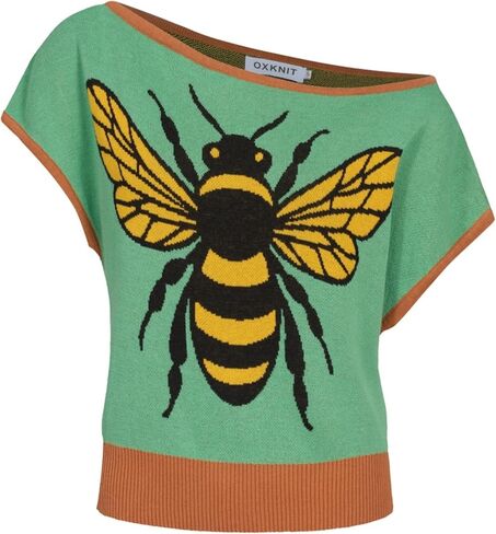 OXKNIT Knit Off The Shoulder T-Shirt for Women, 1960s Mod Retro Bee Pattern Ribbed Green Tops Tee Shirts- Short Size in Saudi Arabia