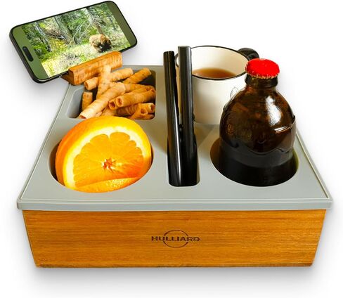 صينية حامل أكواب الأريكة - علبة أريكة من خشب السنط الفاخر والسيليكون الناعم مع حامل هاتف قابل للدوران 360 درجة، منظم مشروبات مقاوم للانسكاب للأريكة والسرير والسيارة - حواف مستديرة، قاعدة مضادة للانزلاق in Kuwait