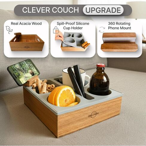 صينية حامل أكواب الأريكة - علبة أريكة من خشب السنط الفاخر والسيليكون الناعم مع حامل هاتف قابل للدوران 360 درجة، منظم مشروبات مقاوم للانسكاب للأريكة والسرير والسيارة - حواف مستديرة، قاعدة مضادة للانزلاق in Kuwait