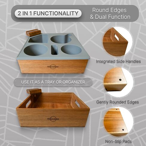 صينية حامل أكواب الأريكة - علبة أريكة من خشب السنط الفاخر والسيليكون الناعم مع حامل هاتف قابل للدوران 360 درجة، منظم مشروبات مقاوم للانسكاب للأريكة والسرير والسيارة - حواف مستديرة، قاعدة مضادة للانزلاق in Kuwait