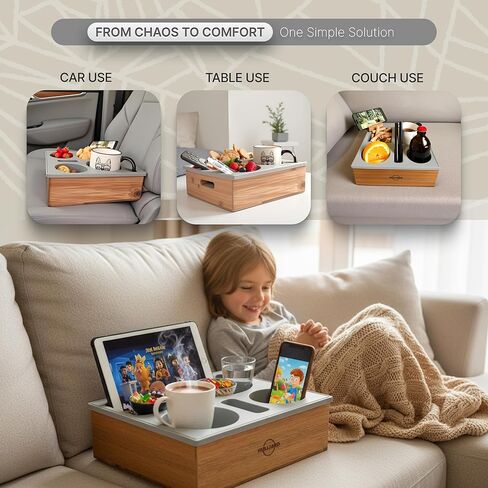 صينية حامل أكواب الأريكة - علبة أريكة من خشب السنط الفاخر والسيليكون الناعم مع حامل هاتف قابل للدوران 360 درجة، منظم مشروبات مقاوم للانسكاب للأريكة والسرير والسيارة - حواف مستديرة، قاعدة مضادة للانزلاق in Kuwait