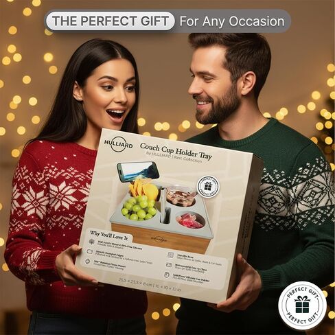 صينية حامل أكواب الأريكة - علبة أريكة من خشب السنط الفاخر والسيليكون الناعم مع حامل هاتف قابل للدوران 360 درجة، منظم مشروبات مقاوم للانسكاب للأريكة والسرير والسيارة - حواف مستديرة، قاعدة مضادة للانزلاق in Kuwait