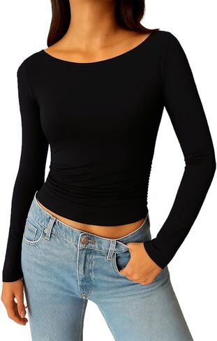 ForeFair Long Sleeve Going Out Top - Women Shirt Boat Neck Double Lined Crop Tight Ruched T Shirts in Saudi Arabia