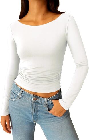 ForeFair Long Sleeve Going Out Top - Women Shirt Boat Neck Double Lined Crop Tight Ruched T Shirts in Saudi Arabia