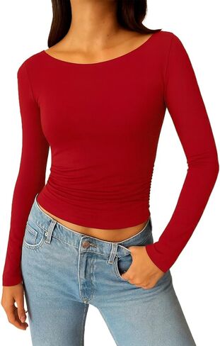 ForeFair Long Sleeve Going Out Top - Women Shirt Boat Neck Double Lined Crop Tight Ruched T Shirts in Saudi Arabia