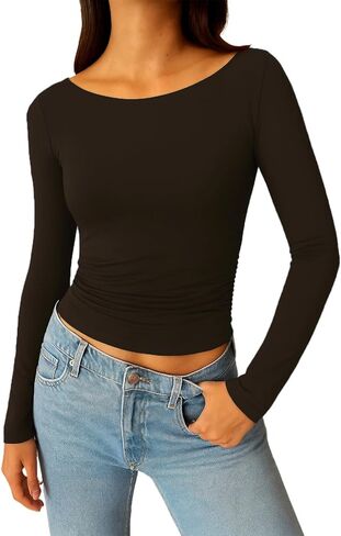 ForeFair Long Sleeve Going Out Top - Women Shirt Boat Neck Double Lined Crop Tight Ruched T Shirts in Saudi Arabia