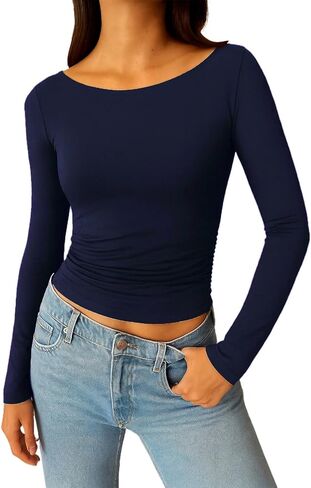 ForeFair Long Sleeve Going Out Top - Women Shirt Boat Neck Double Lined Crop Tight Ruched T Shirts in Saudi Arabia