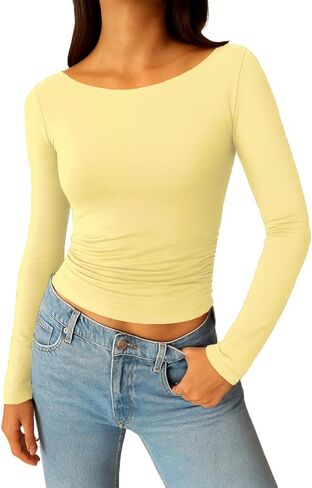 ForeFair Long Sleeve Going Out Top - Women Shirt Boat Neck Double Lined Crop Tight Ruched T Shirts in Saudi Arabia