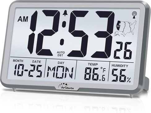 WallarGe Atomic Wall Clock with Backlight, Digital Wall Clock Battery Operated for Classroom, Bedroom, Office, Large Display with Indoor Temperature, Humidity, Date, AUTO DST, 6 Time Zones in Saudi Arabia