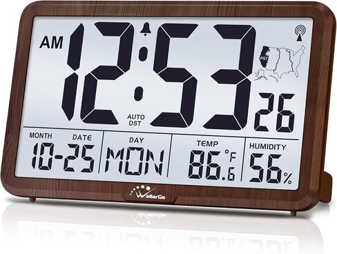 WallarGe Atomic Wall Clock with Backlight, Digital Wall Clock Battery Operated for Classroom, Bedroom, Office, Large Display with Indoor Temperature, Humidity, Date, AUTO DST, 6 Time Zones in Saudi Arabia