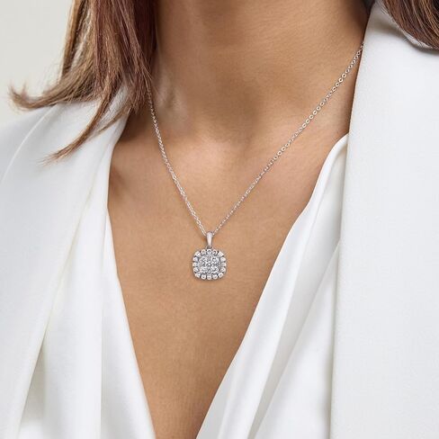 Belacqua 1 Carat Round Lab Grown Halo Diamond Pendant Necklace in Sterling Silver, Cushion Shape, 18 Inches Cable Chain, J-K Color, I1-I2 Clarity, Fine Jewelry for Women, Gift Box Included in Saudi Arabia