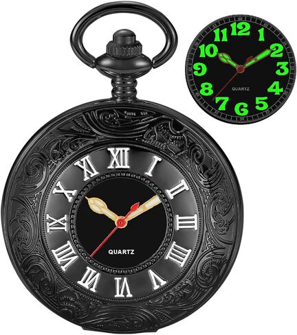 Tiong Smooth Covered Men's Pocket Watch,Luminous Arabic Numerals Black Dial Pocket Watch with Chain in Saudi Arabia