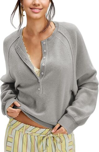 Women's Half Button Down Pullover Knit Sweater Casual Henley Long Sleeve Tunic Tops Loose Fit Trendy Outfits in Saudi Arabia