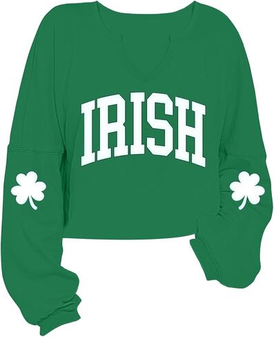 بلوزات نسائية لعيد القديس باتريك بأكمام طويلة وقمصان قصيرة لطيفة على شكل شامروك البرسيم ورقبة على شكل حرف V وقمصان جرافيك in Kuwait
