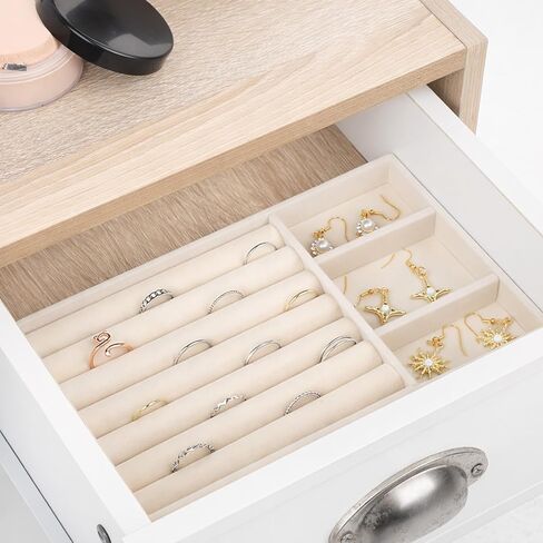 Jewelry Drawer Organizer Insert Box, Stackable Trays Velvet Jewelry Drawer Inserts, Ring Earring Stud Necklace Holder Display Storage Case(Beige, 8.3 x 4.9in) in Saudi Arabia