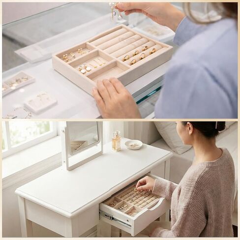 Jewelry Drawer Organizer Insert Box, Stackable Trays Velvet Jewelry Drawer Inserts, Ring Earring Stud Necklace Holder Display Storage Case(Beige, 8.3 x 4.9in) in Saudi Arabia