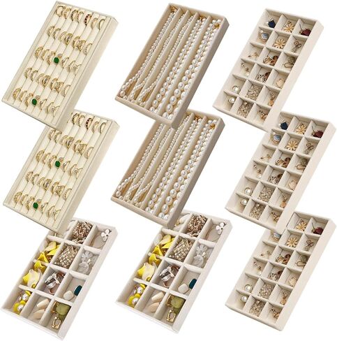 مجموعة من 9 منظمات مجوهرات للأدراج، صينية مجوهرات مخملية قابلة للتعديل، حامل أقراط وقلادة قابلة للتكديس، صينية حلقية لتنظيم درج المجوهرات (بيج) in Kuwait