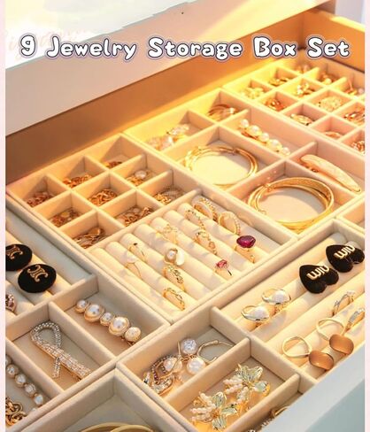 مجموعة من 9 منظمات مجوهرات للأدراج، صينية مجوهرات مخملية قابلة للتعديل، حامل أقراط وقلادة قابلة للتكديس، صينية حلقية لتنظيم درج المجوهرات (بيج) in Kuwait