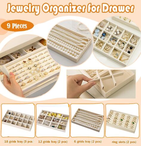 مجموعة من 9 منظمات مجوهرات للأدراج، صينية مجوهرات مخملية قابلة للتعديل، حامل أقراط وقلادة قابلة للتكديس، صينية حلقية لتنظيم درج المجوهرات (بيج) in Kuwait