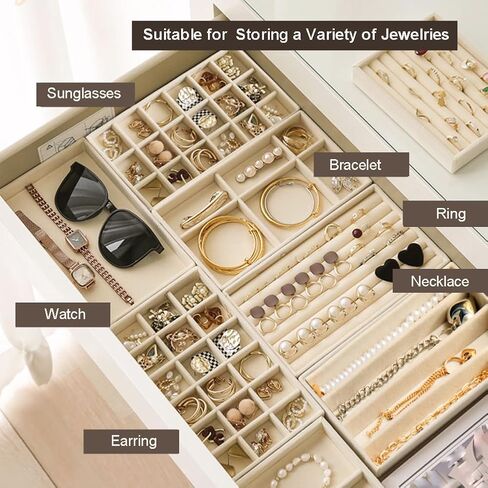 مجموعة من 9 منظمات مجوهرات للأدراج، صينية مجوهرات مخملية قابلة للتعديل، حامل أقراط وقلادة قابلة للتكديس، صينية حلقية لتنظيم درج المجوهرات (بيج) in Kuwait