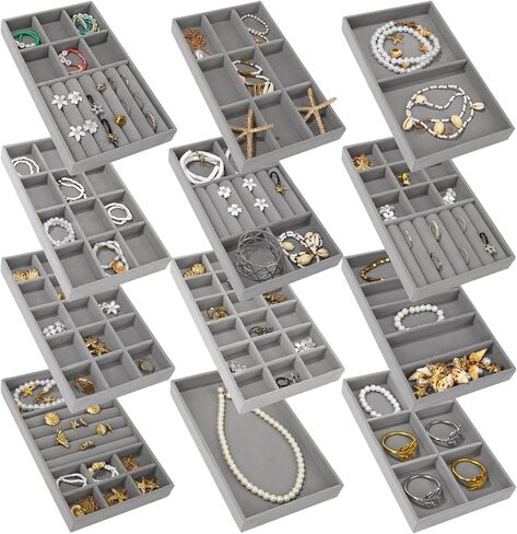12Pcs Stackable Jewelry Organizer, 8.66 x 5.23 x 1.3 Inch Velvet Jewelry Tray with Removable Dividers, Jewelry Drawer Organizer, Jewelries Storage Display Case for Earring Necklace Bracelet Ring in Kuwait