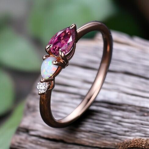 Vintage Red Ruby Opal Ring Engagement Ring Pear Cut Gemstone Art Deco Moissanite Wedding Band 3 Stone Unique Women Bridal Promise Ring Rose Gold in Saudi Arabia