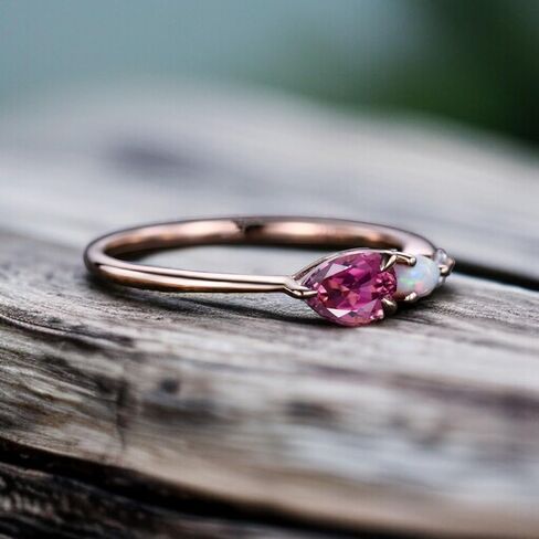 Vintage Red Ruby Opal Ring Engagement Ring Pear Cut Gemstone Art Deco Moissanite Wedding Band 3 Stone Unique Women Bridal Promise Ring Rose Gold in Saudi Arabia