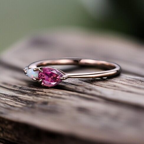 Vintage Red Ruby Opal Ring Engagement Ring Pear Cut Gemstone Art Deco Moissanite Wedding Band 3 Stone Unique Women Bridal Promise Ring Rose Gold in Saudi Arabia