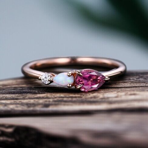 Vintage Red Ruby Opal Ring Engagement Ring Pear Cut Gemstone Art Deco Moissanite Wedding Band 3 Stone Unique Women Bridal Promise Ring Rose Gold in Saudi Arabia