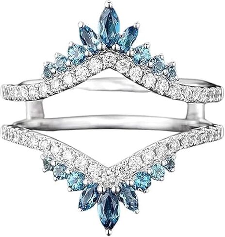 925 Sterling Silver 14K White Gold Plated Marquise Cut Blue Topaz & Diamond Wedding Wrap Enhancer Insert Ring Guard for Women in Saudi Arabia