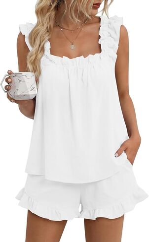 LILLUSORY Pajamas Sets for Women 2 Piece Cute Bridal Pjs Sexy Lounge Sleepwear Summer Outfits 2026 Ruffle Tops and Shorts in Saudi Arabia