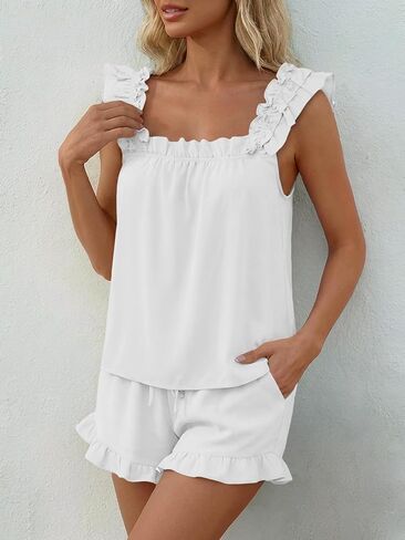 LILLUSORY Pajamas Sets for Women 2 Piece Cute Bridal Pjs Sexy Lounge Sleepwear Summer Outfits 2026 Ruffle Tops and Shorts in Saudi Arabia