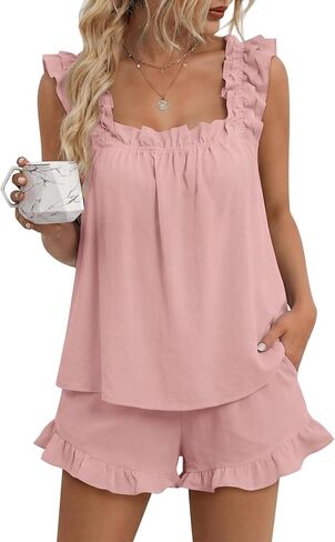 LILLUSORY Pajamas Sets for Women 2 Piece Cute Bridal Pjs Sexy Lounge Sleepwear Summer Outfits 2026 Ruffle Tops and Shorts in Saudi Arabia