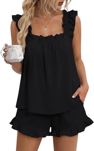LILLUSORY Pajamas Sets for Women 2 Piece Cute Bridal Pjs Sexy Lounge Sleepwear Summer Outfits 2026 Ruffle Tops and Shorts in Saudi Arabia