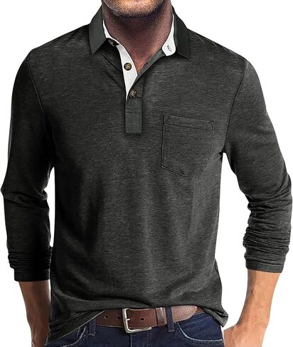 Men's Casual Polo Shirts Long Sleeve Athletic T Shirts Classic Basic Golf Shirt Solid Button Tops with Pocket in Saudi Arabia