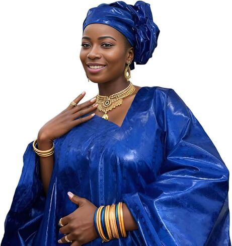 Generic African Ankara Women Party Clothing Bazin Riche Long Dresses Femme Traditional Wedding Party Daily Dashiki Robe for Women Royal Blue in Saudi Arabia