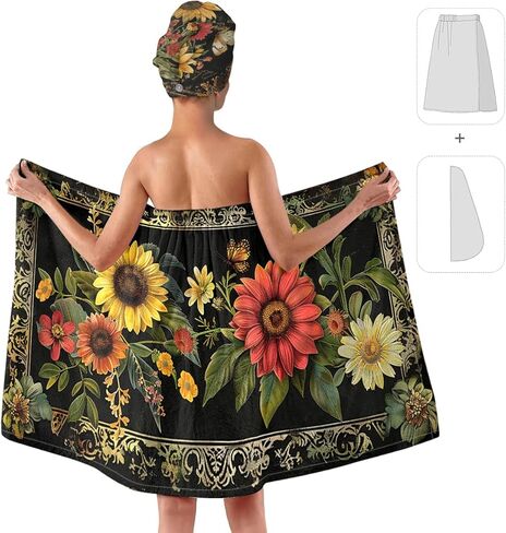 TURTLEDOVE Sunflower Bath Wrap Set with Hair Turban, Absorbent Microfiber Spa Towel Wrap, Floral Pattern Towel Robe for Women in Saudi Arabia
