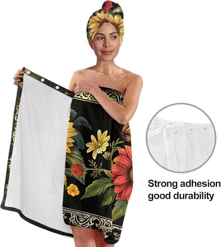 TURTLEDOVE Sunflower Bath Wrap Set with Hair Turban, Absorbent Microfiber Spa Towel Wrap, Floral Pattern Towel Robe for Women in Saudi Arabia