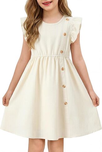 Girls Dress Summer Solid Cute Casual Kids Dresses Flutter Sleeve Swing Twirly Tween Sundress Beach Party Outfit 4-12Y in Saudi Arabia