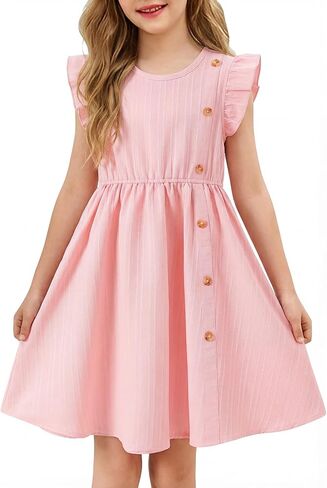 Girls Dress Summer Solid Cute Casual Kids Dresses Flutter Sleeve Swing Twirly Tween Sundress Beach Party Outfit 4-12Y in Saudi Arabia