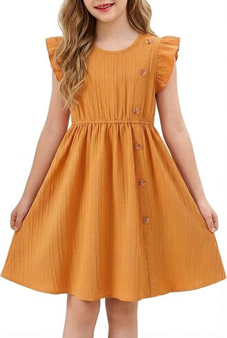 Girls Dress Summer Solid Cute Casual Kids Dresses Flutter Sleeve Swing Twirly Tween Sundress Beach Party Outfit 4-12Y in Saudi Arabia