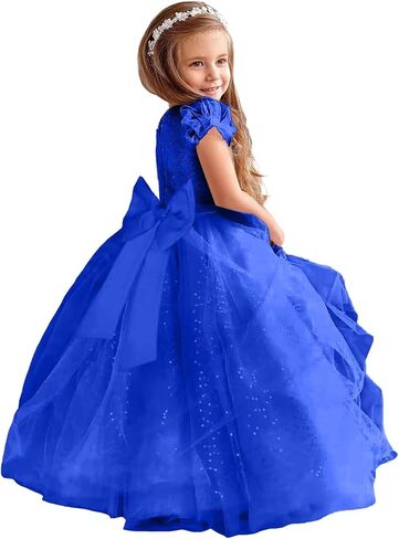 Glitter Tulle Flower Girl Dresses for Wedding Long Formal Dresses Puffy Sleeves Sequin First Communion Ball Gown in Saudi Arabia