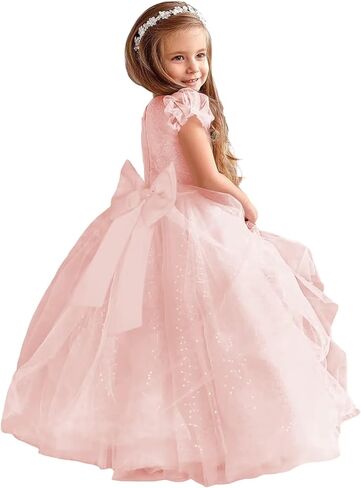 Glitter Tulle Flower Girl Dresses for Wedding Long Formal Dresses Puffy Sleeves Sequin First Communion Ball Gown in Saudi Arabia