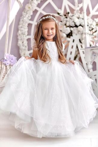 Glitter Tulle Flower Girl Dresses for Wedding Long Formal Dresses Puffy Sleeves Sequin First Communion Ball Gown in Saudi Arabia