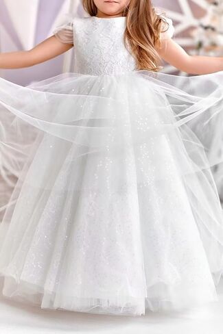 Glitter Tulle Flower Girl Dresses for Wedding Long Formal Dresses Puffy Sleeves Sequin First Communion Ball Gown in Saudi Arabia