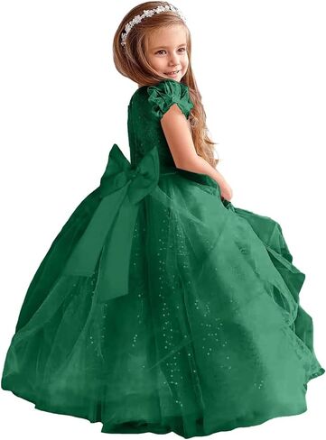 Glitter Tulle Flower Girl Dresses for Wedding Long Formal Dresses Puffy Sleeves Sequin First Communion Ball Gown in Saudi Arabia