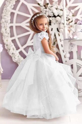 Glitter Tulle Flower Girl Dresses for Wedding Long Formal Dresses Puffy Sleeves Sequin First Communion Ball Gown in Saudi Arabia